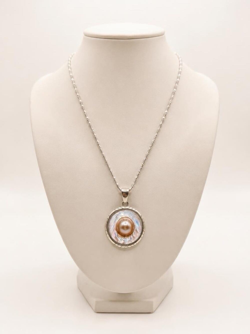 Vintage Charles Albert Sterling Silver Mabe Blister Pearl Pendant with Chain